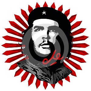 El Che Iconic Portrait Vector illustration on Abstract red sun Background