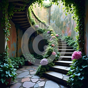 El encanto de un rincÃ³n verde y florido que invita a la relajaciÃ³n. photo