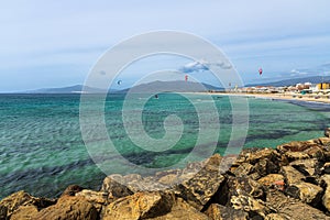 El Foso bay with kitesurfers. Tarifa, Andalusia, Spain photo