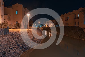 El Gouna river canal in downtown at night, Egypt