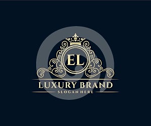 EL Initial Letter Gold calligraphic feminine floral hand drawn heraldic monogram antique vintage style luxury logo design Premium