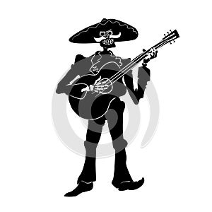 El mariachi skeleton musician. Dia de los muertos guitarist character. Black and white isolated silhouette Vector illustration