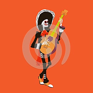 El mariachi skeleton musician. Guitarist character isolated on red background. Dia los muertos vector illustration.