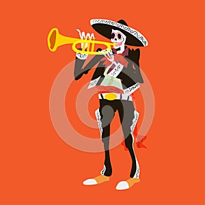 El mariachi skeleton musician. Trumpeter character isolated on red background. Dia los muertos vector illustration.