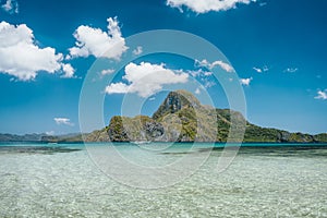 El Nido bay with beautiful Cadlao island in open ocean on sunny holiday day, Palawan, Philippines