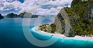 El Nido, Palawan, Philippines. Aerial drone shot of Ipil beach located on Pinagbuyutan Island. Amazing white sand