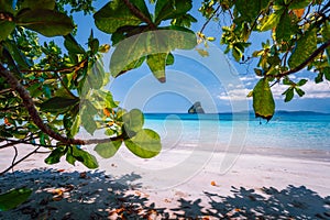 El Nido, Palawan, Philippines Journey. Tropical beach scenery with rocky islands in open ocean framed with lush