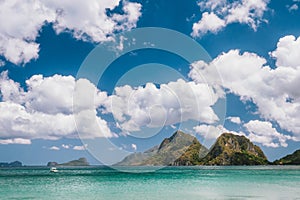 El Nido, Palawan, Philippines. Mountains, cloudscape and ocean lagoon at Tropical Las Cabanas Beach