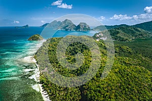 El Nido, Palawan, Philippines. Panoramic aerial view of exotic tropical Bacuit archipelago coastline with beautiful
