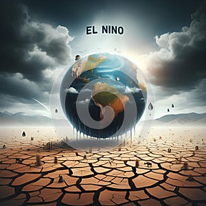 El Nino illustration concepts. Melting globe and drought land