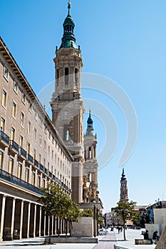 El Pilar Cathedral and at the background La Seo tower in Zaragoza Center, Spain