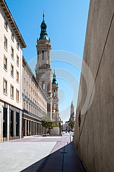 El Pilar Cathedral and La Seo tower in Zaragoza Center, Spain