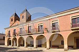 El Salvador church and town hall in Villanueva del Campo, Tierra de Campos Region, Zamora province, Castilla y Leon, Spain