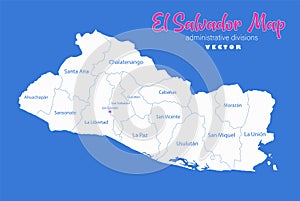 El Salvador map, administrative divisions whit names regions, blue background