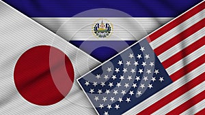 El Salvador United States of America Japan Flags Together Fabric Texture Illustration