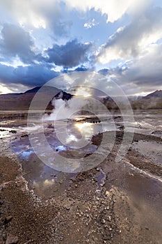 El Tatio geysers at sunrise, Atacama desert, Chile