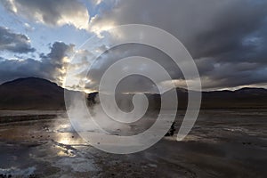 El Tatio geysers at sunrise, Atacama desert, Chile