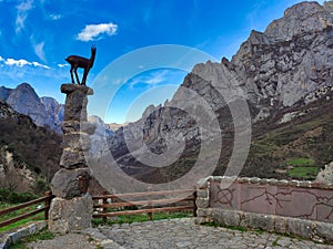 El Tombo viewpoint with a chamois silhouette, Picos de Europa National Park, Valdeon valley, Leon, Spain