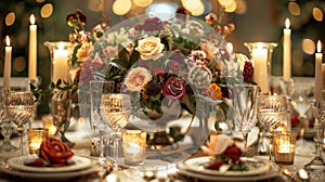 Elaborate centerpieces of floral arrangements and candle holders adorn the table adding to the opulence of the fine