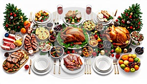 Elaborate Christmas Holiday Dinner Table with Roasted Turkey and Festive Decorations