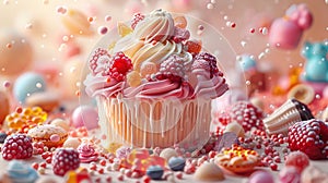 Elaborate cupcake with icing and berries surrounded by sweets., Generated AI