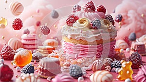 Elaborate cupcake with icing and berries surrounded by sweets., Generated AI