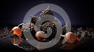 Elaborate Fruit Arrangements Dark Truffles On A Black Background