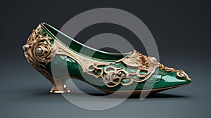 Elaborate Green And Gold Shoe: A Stunning 2d Render With Ornate Simplicity