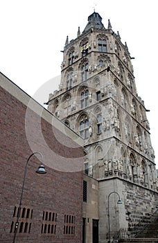 Elaborate historic tower with many statues in Cologne in Germany