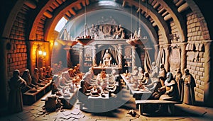 Elaborate Medieval Feast Hall with Religious and Ceremonial Elements