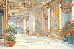 elaborate mosaics and frescoes decorating palace corridors