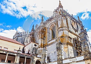 The elaborate pinnacles over the western facade of the church, Convent of Christ, Tomar, Portugal
