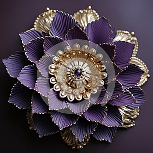 Elaborate purple flower brooch with intricate gold decoration