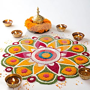 Elaborate Rangoli design with Diyas for Diwali celebration isolated on white background photo