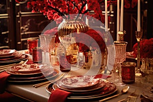 Elaborate Red And Gold Table Setting For Festive Feasting Chinese New Year. Generative AI