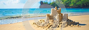 An elaborate sand castle stands on the sandy shore by the waters edge, blending into the natural landscape as a stunning