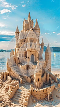 An elaborate sand castle stands on the sandy shore by the waters edge, blending into the natural landscape as a stunning