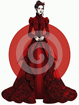 An elaborate scarlet dress with intricate Gothicstyle embroidery and a Victorianstyle collar. Gothic art. AI generation