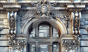 Elaborate stonework depicting classical ornaments, with a central mascaron above a grand arch window. Generate AI