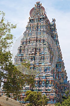 Elaborately carved and decorated Hindu temple gateway