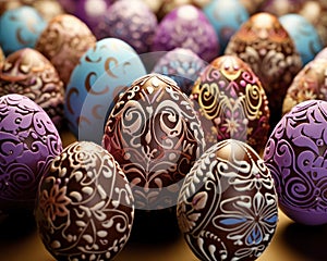 Elaborately decorated chocolate and candy Easter eggs.