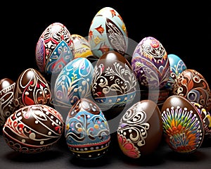 Elaborately decorated chocolate and candy Easter eggs.