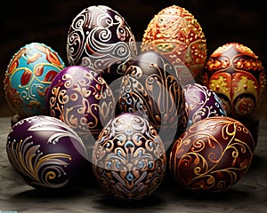 Elaborately decorated chocolate and candy Easter eggs. photo