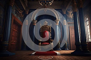 Elaborately Decorated Empty Throne in Castle Hall. AI