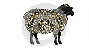 An elaborately designed sheep illustration features intricate, ornate patterns across photo