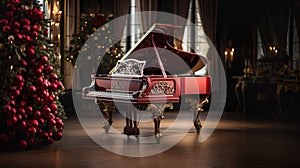 Elaborately Ornate Grand Piano In A Christmas Decorated Music Room. Generative AI