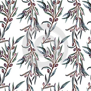seamless pattern watercolor. Twig ,leaves , berries and drupes photo
