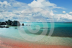 Elafonissi beach with pink sand and sky clouds on Crete, Greece