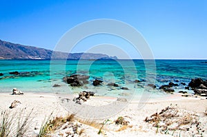 Elafonissi beach, with pinkish white sand and turquoise water, island of Crete, Greece