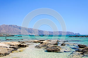 Elafonissi beach, with pinkish white sand and turquoise water, island of Crete, Greece